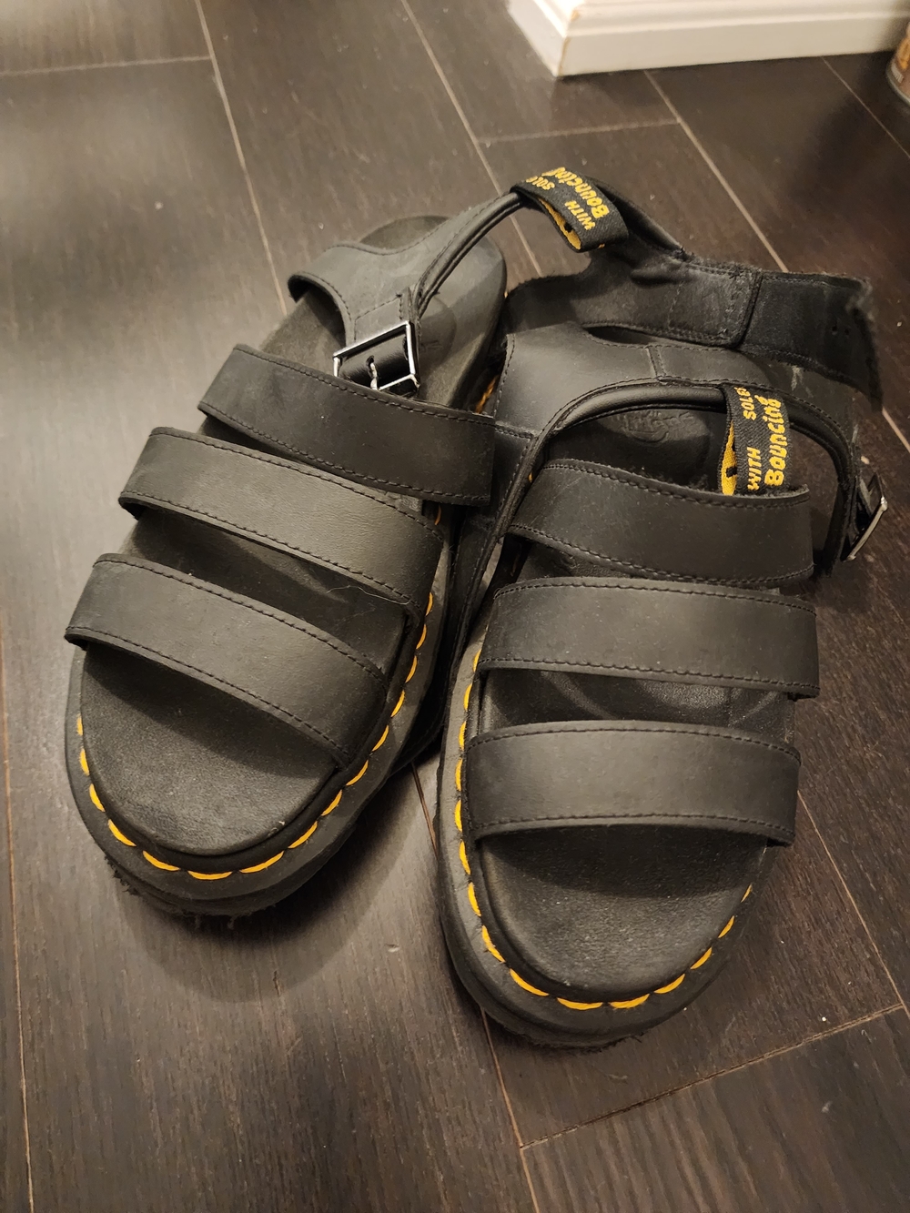 Dr. Martens Black Leather Fisherman Sandals with Yellow Stitching